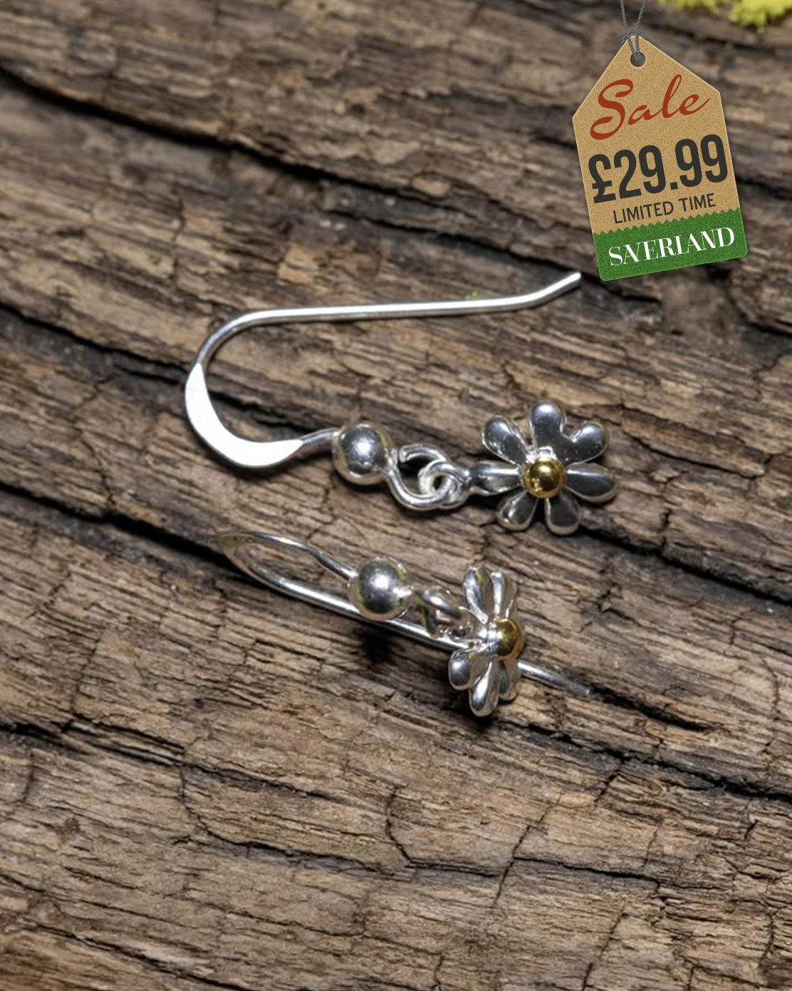 Sterling Silver Daisy Hook Earrings Plated with 1 Micron 18K Yellow Gold