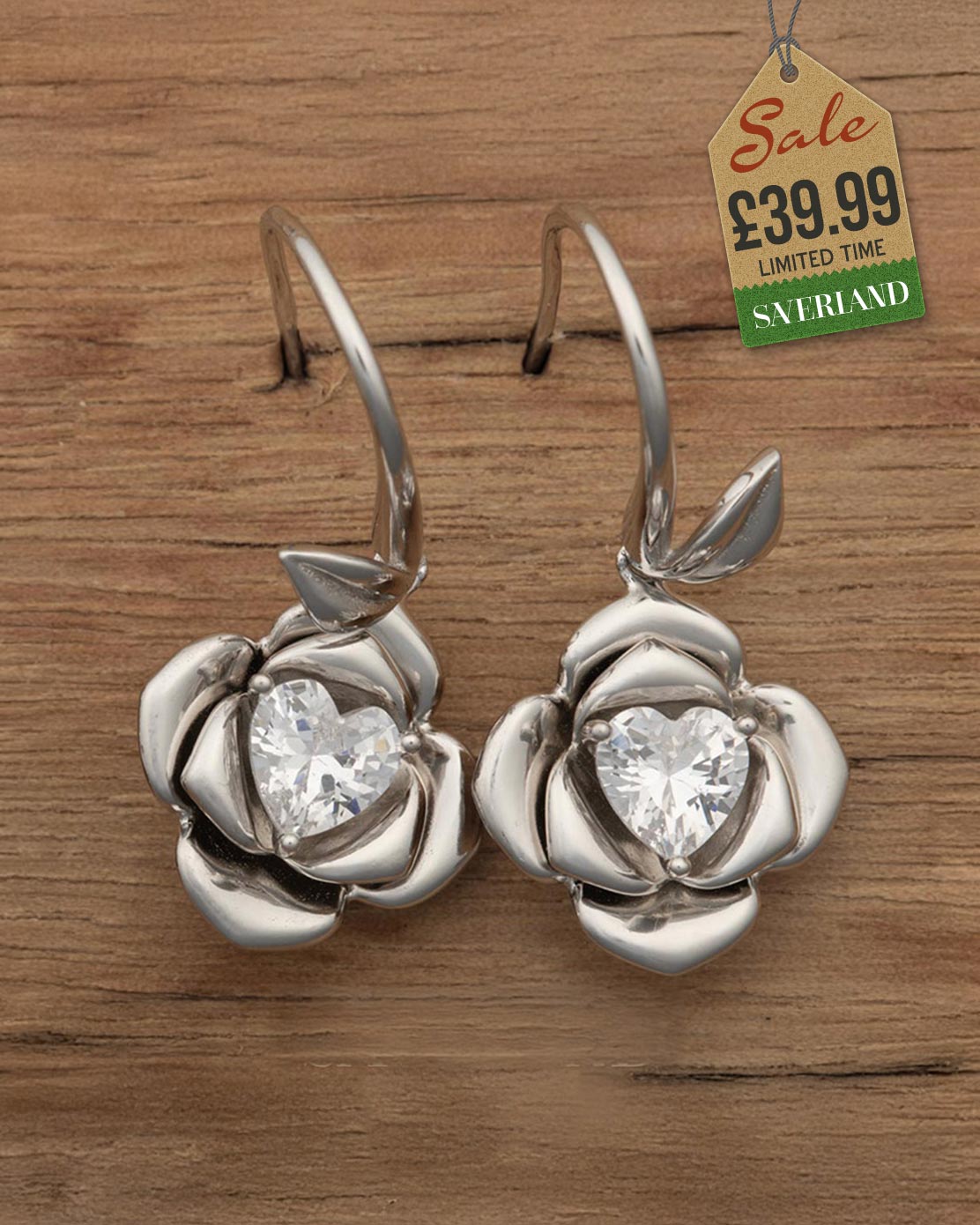 Sterling Silver Flower & Heart Hook Earrings Decorated with CZ Simulated Diamonds