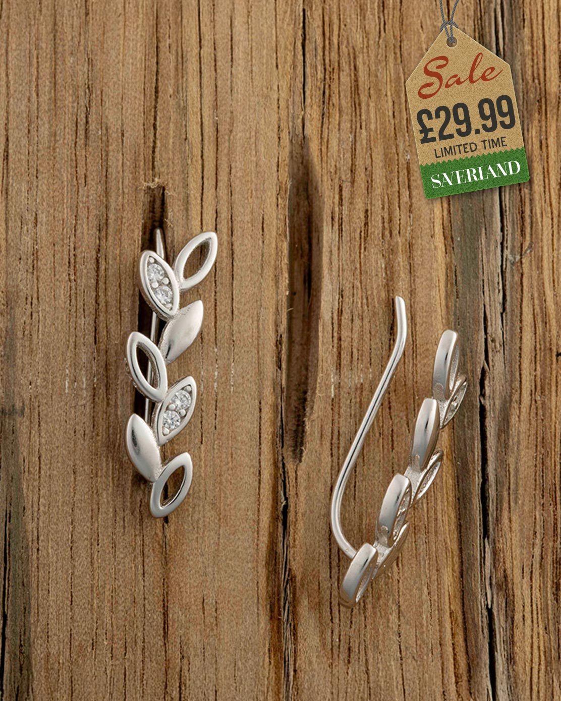 Sterling Silver Leaf Ear Pins Decorated with CZ Simulated Diamonds