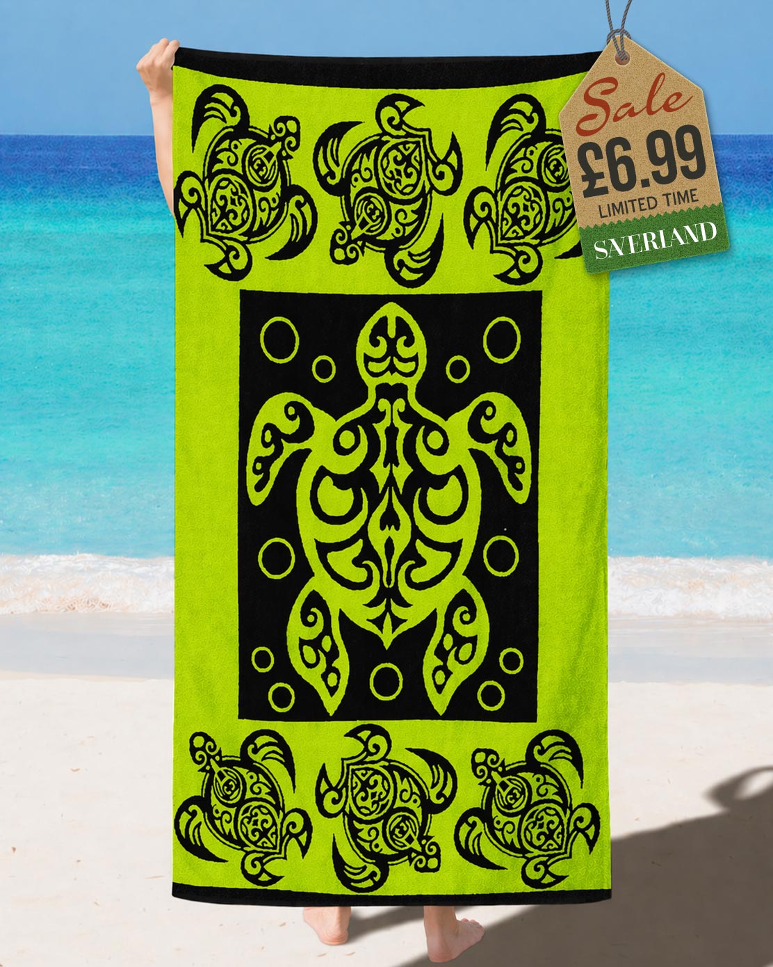 Lime Green and black tribal Polynesian sea turtle beach towel held up at the beach