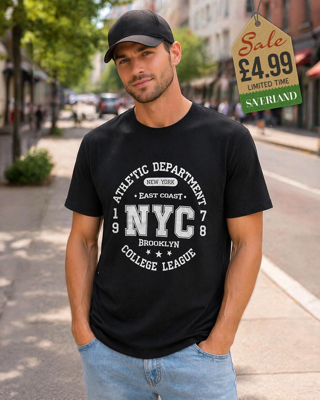 Men's black crew-neck t-shirt with NYC Athletic Department collegiate graphic print