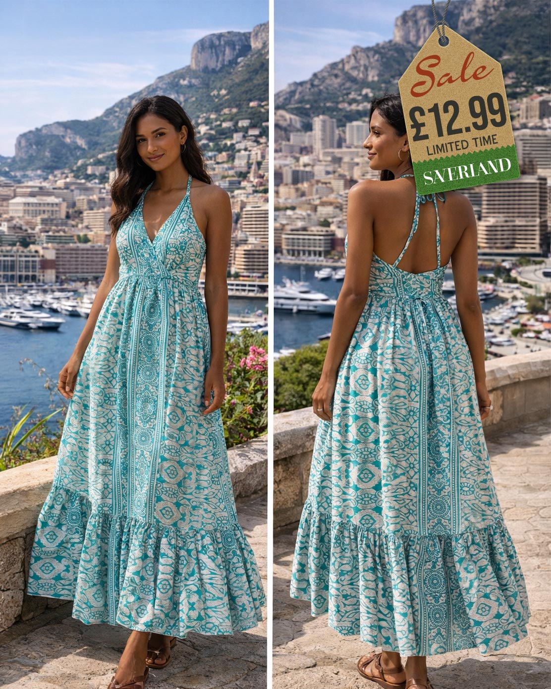 Teal and white geometric mosaic block print halter maxi dress - front and back view