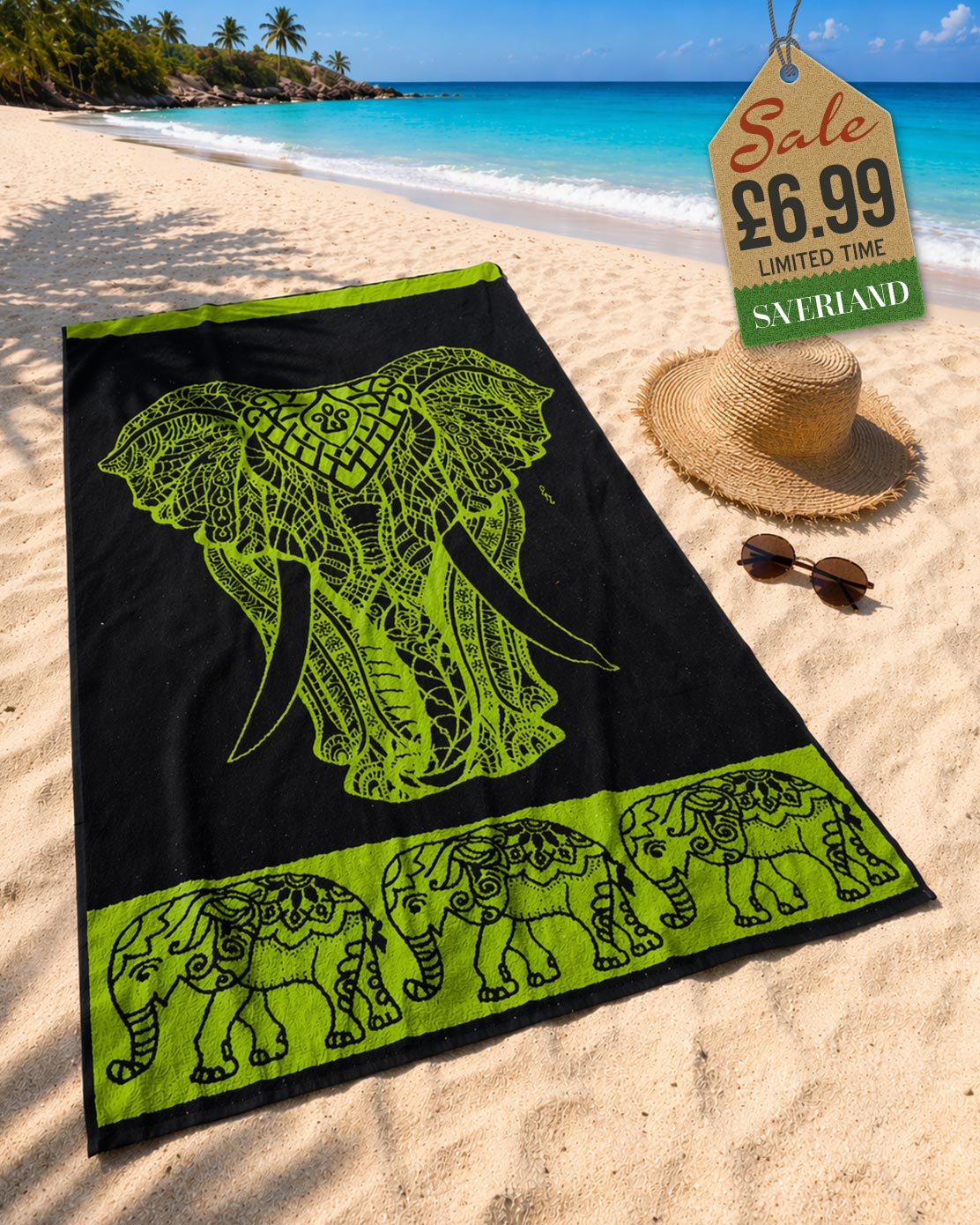 Lime Green tribal elephant head beach towel laid on sand at tropical beach