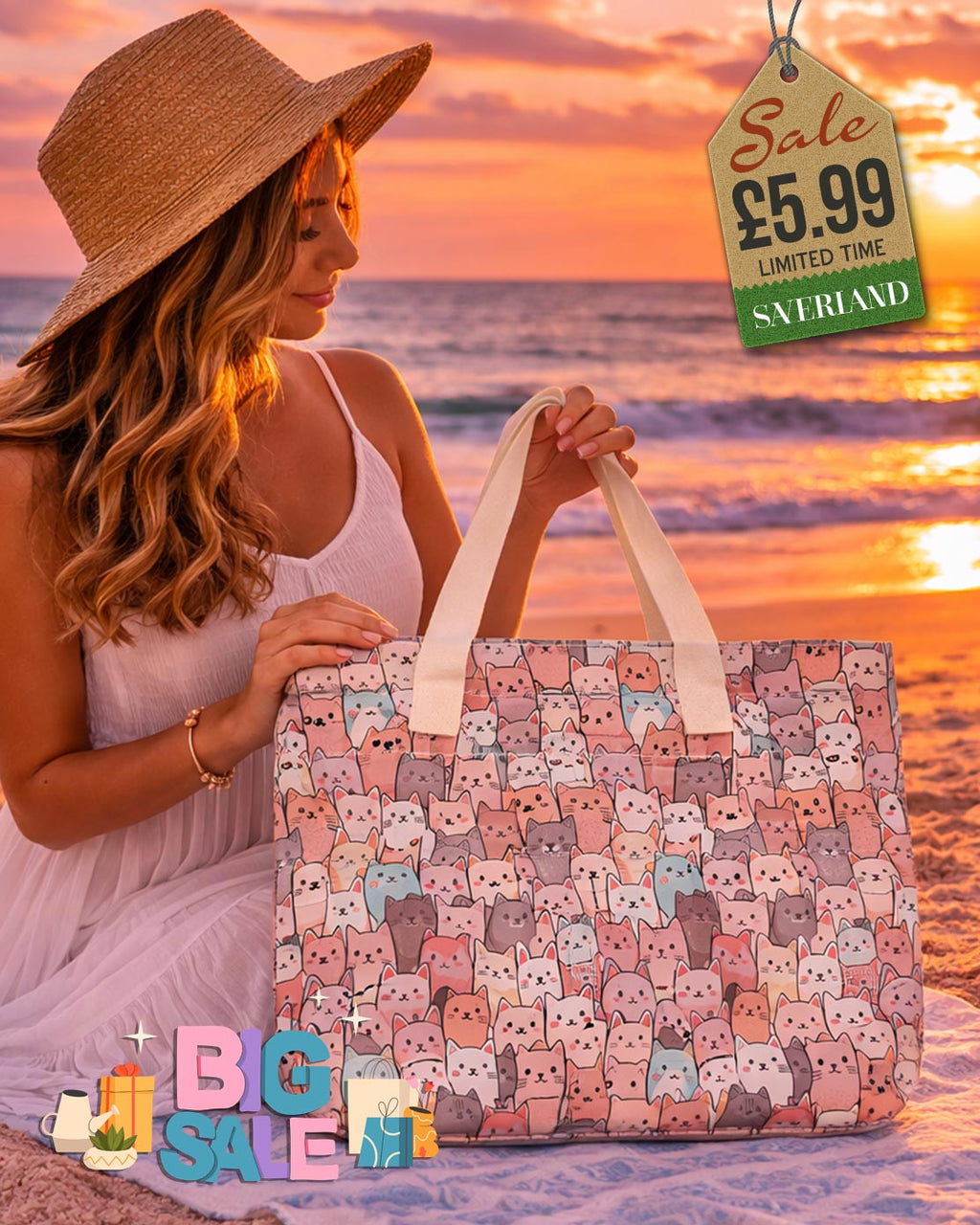 Large beach tote with all-over kawaii cat face print in pink and coral tones with cream canvas handles