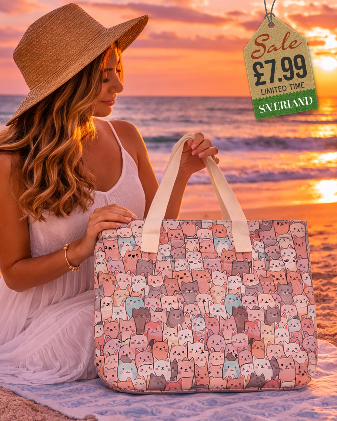 Large beach tote with all-over kawaii cat face print in pink and coral tones with cream canvas handles