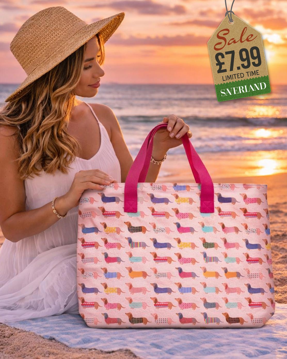 Large beach tote with dachshund sausage dogs in colourful sweaters on blush pink background with hot pink handles