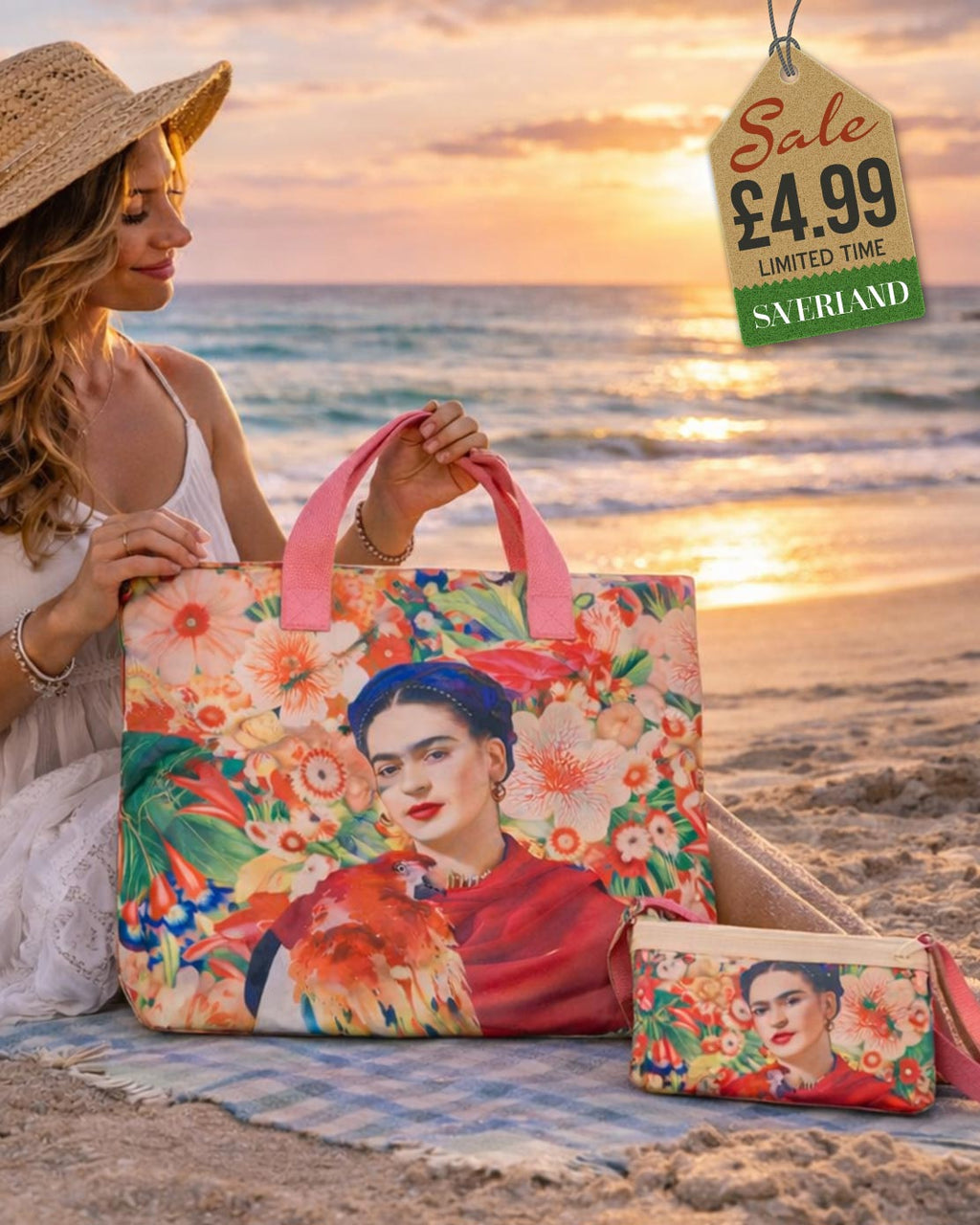 Beach tote with Frida Kahlo-inspired art portrait in tropical orange and red floral setting with pink handles