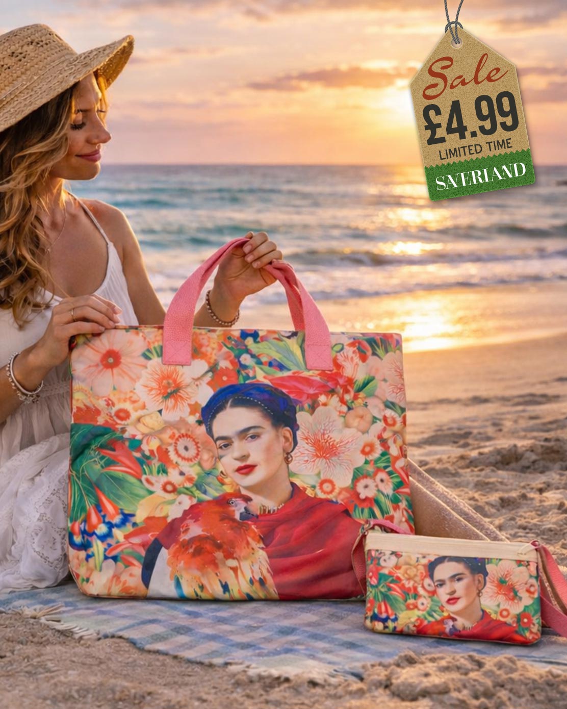 Beach tote with Frida Kahlo-inspired art portrait in tropical orange and red floral setting with pink handles