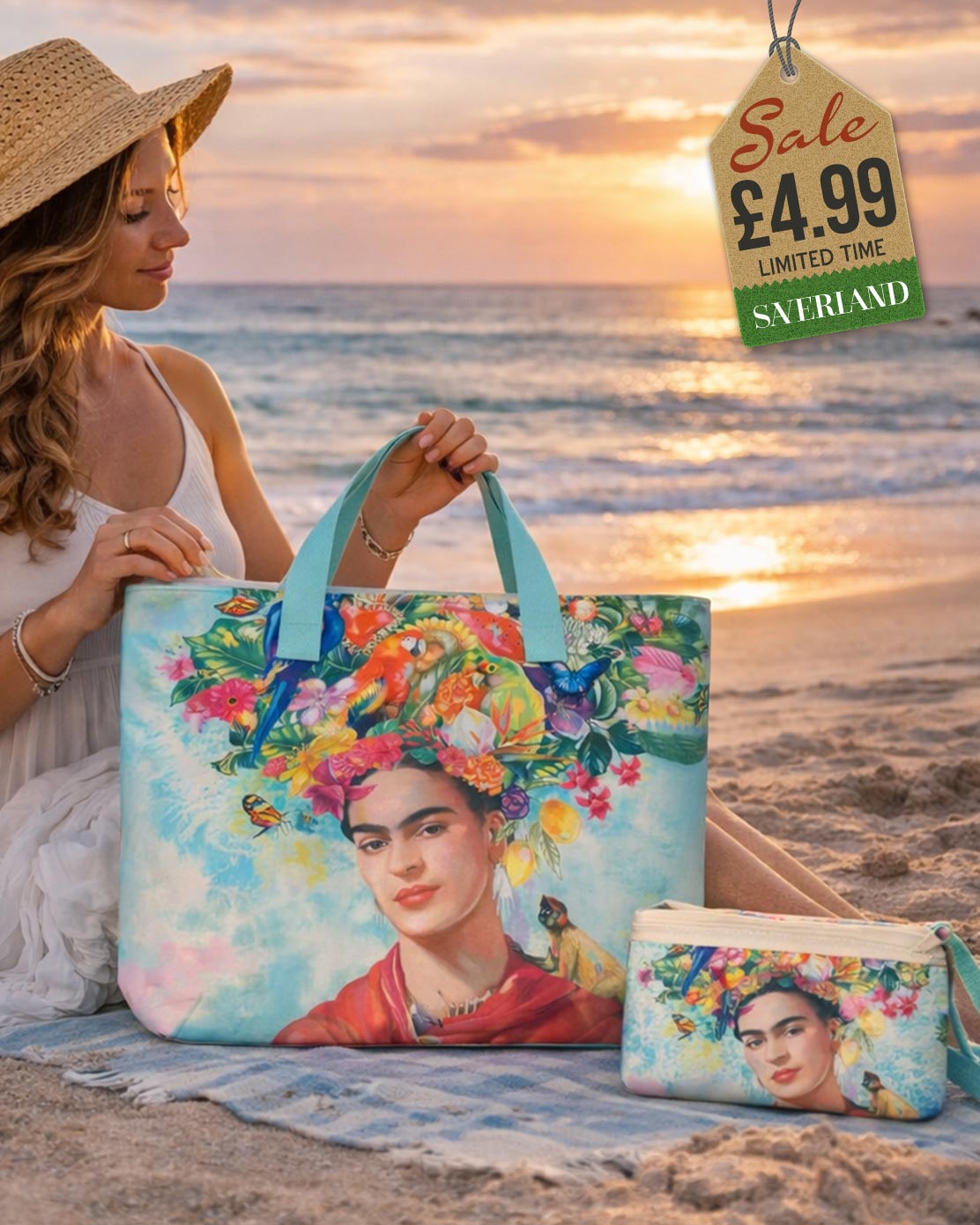 Beach tote with Frida Kahlo-inspired art portrait with tropical bird headdress on sky blue background and teal handles