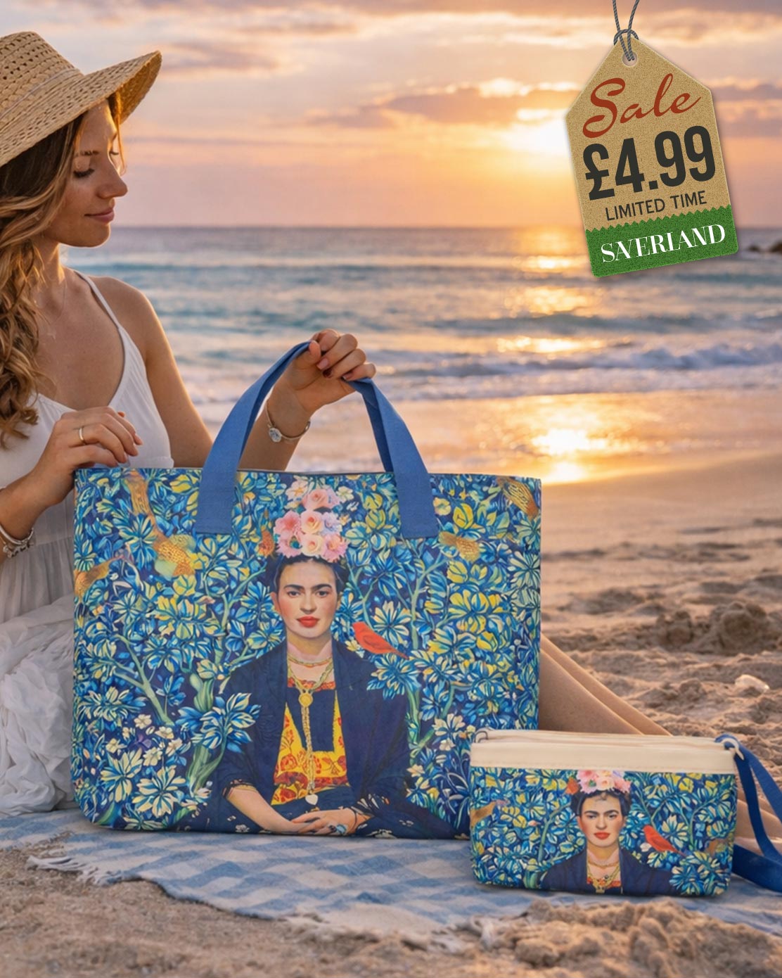 Beach tote with Frida Kahlo-inspired art portrait against a midnight navy tropical garden background with navy handles