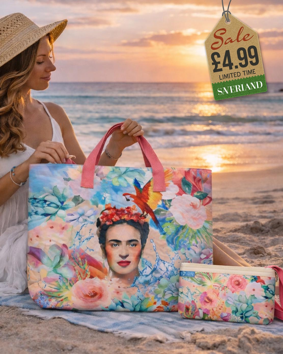 Beach tote with Frida Kahlo-inspired watercolour art portrait with garden blooms and parrot in pink and pastel tones