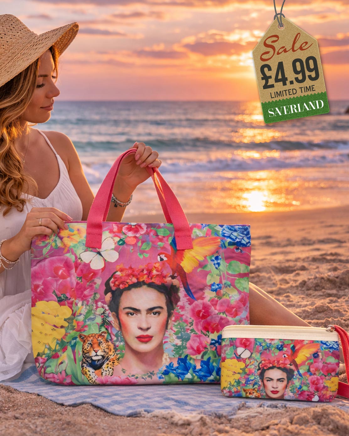 Beach tote with Frida Kahlo-inspired art portrait in bold magenta floral garden with jaguar and coral handles