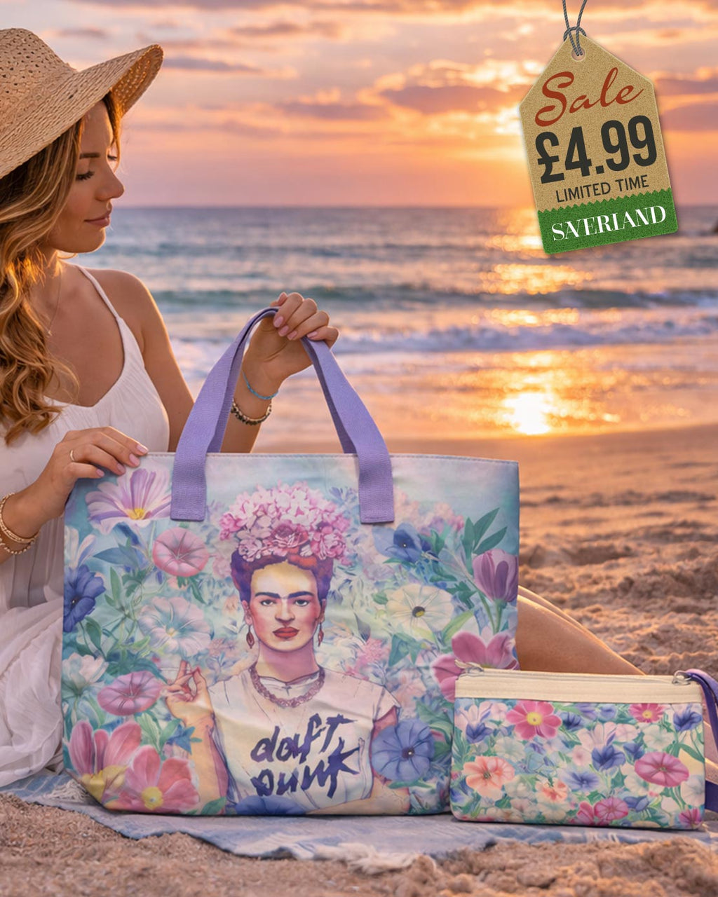 Beach tote with Frida Kahlo-inspired watercolour art portrait in lavender and pink floral setting with lavender handles