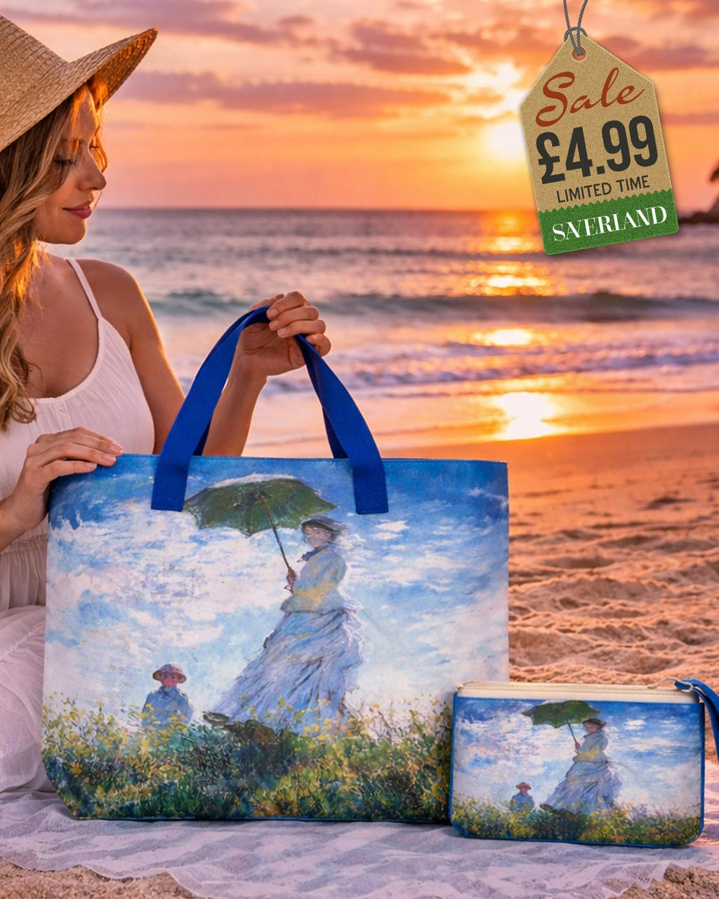 Beach tote with art print inspired by Monet Woman with a Parasol in blue and white impressionist style with blue handles