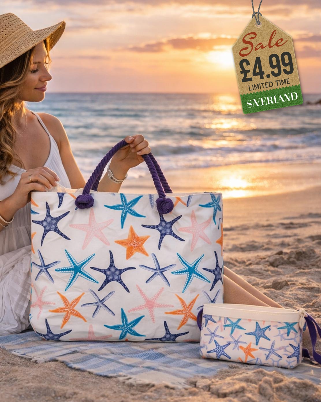 White beach tote with multicolour starfish print and purple rope handles