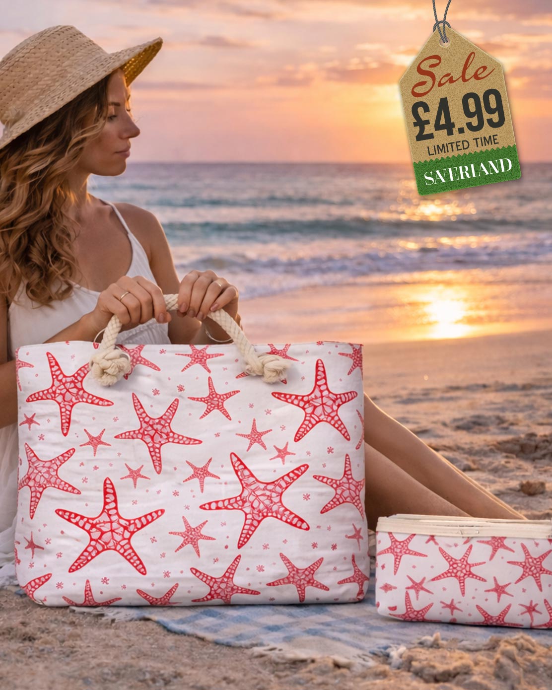 White beach tote with coral red starfish print and cream rope handles