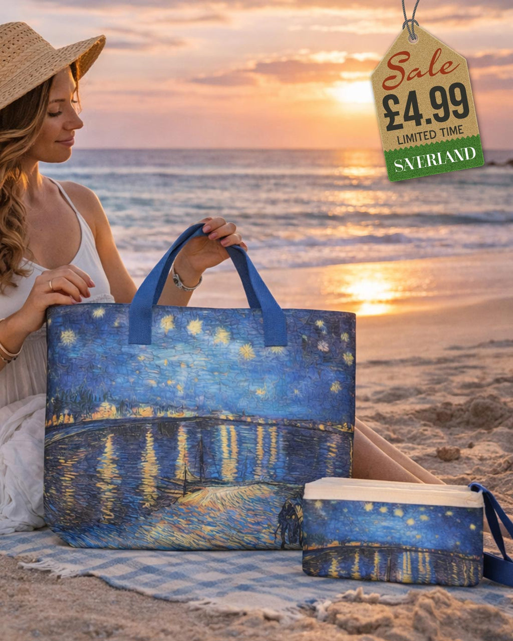 Beach tote with art print inspired by Van Gogh Starry Night Over the Rhone with blue and gold tones and blue handles