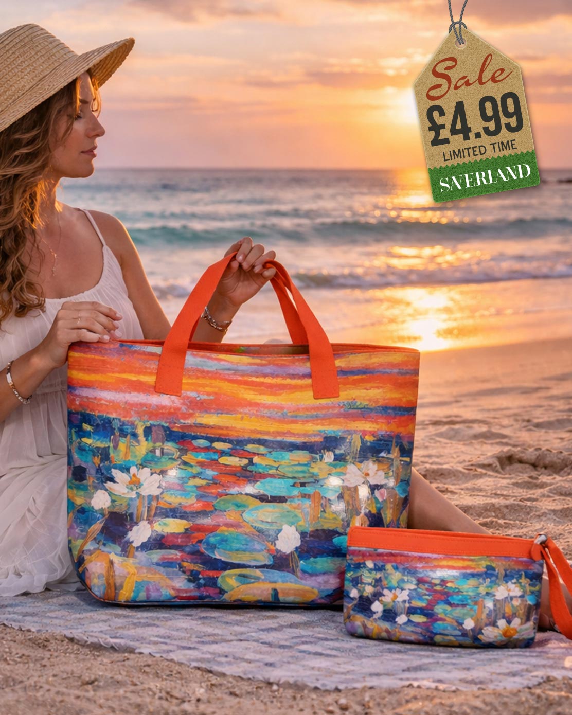 Beach tote with impressionist water lily pond art print in bold orange blue and gold with orange handles