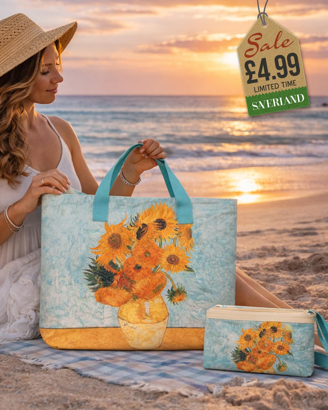 Beach tote with art print inspired by Van Gogh Sunflowers with golden sunflowers on aqua blue background and teal handles