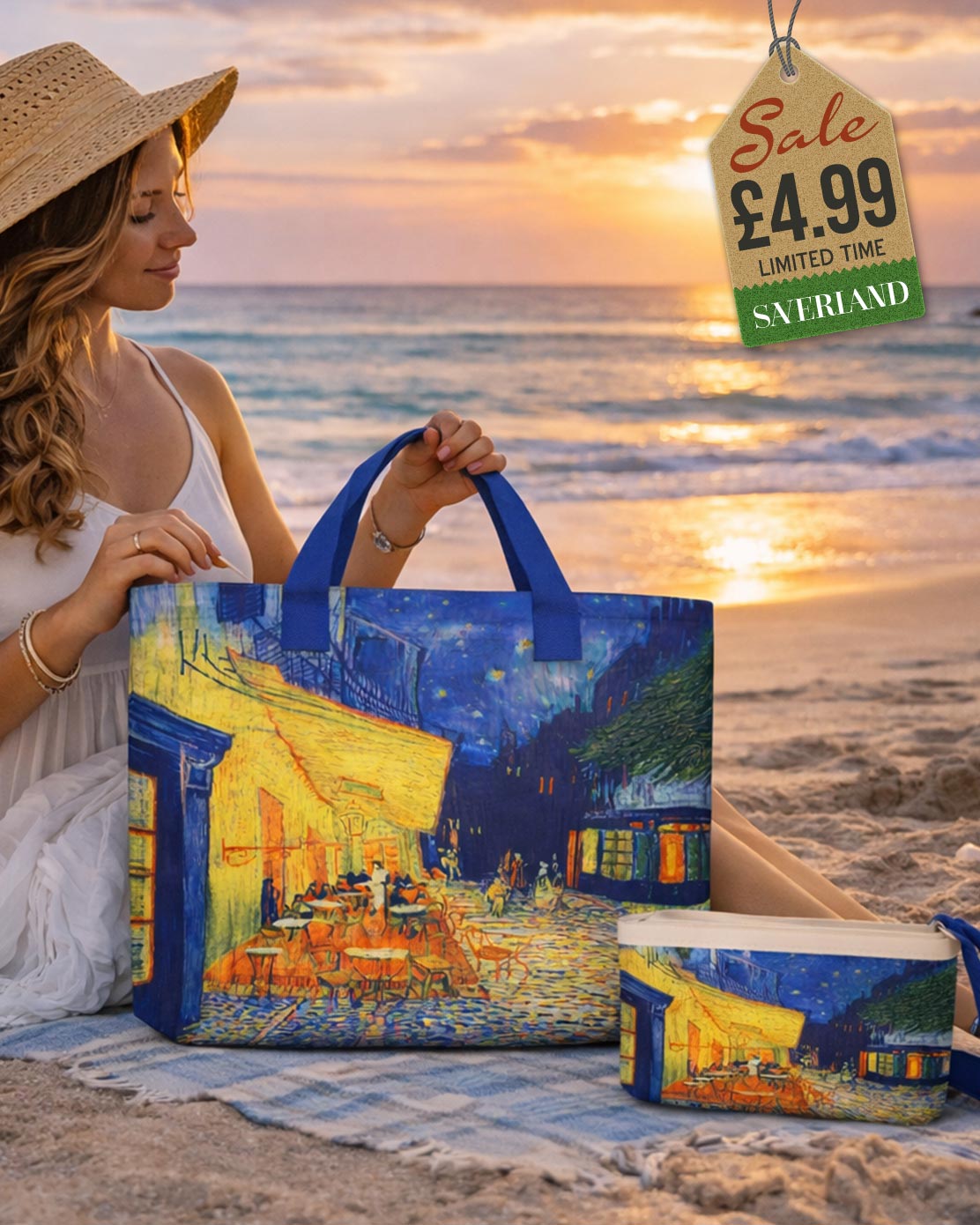 Beach tote with art print inspired by Van Gogh Cafe Terrace at Night with golden cafe scene on cobblestones and blue handles