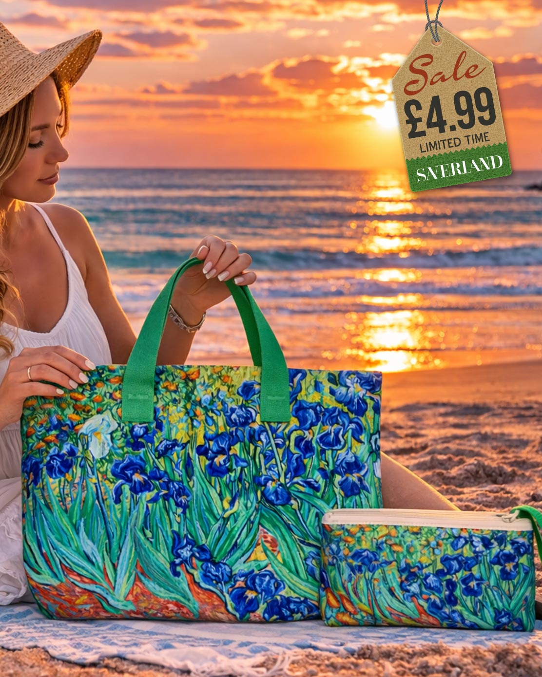 Beach tote with art print inspired by Van Gogh Irises with vivid blue irises and green foliage and green handles