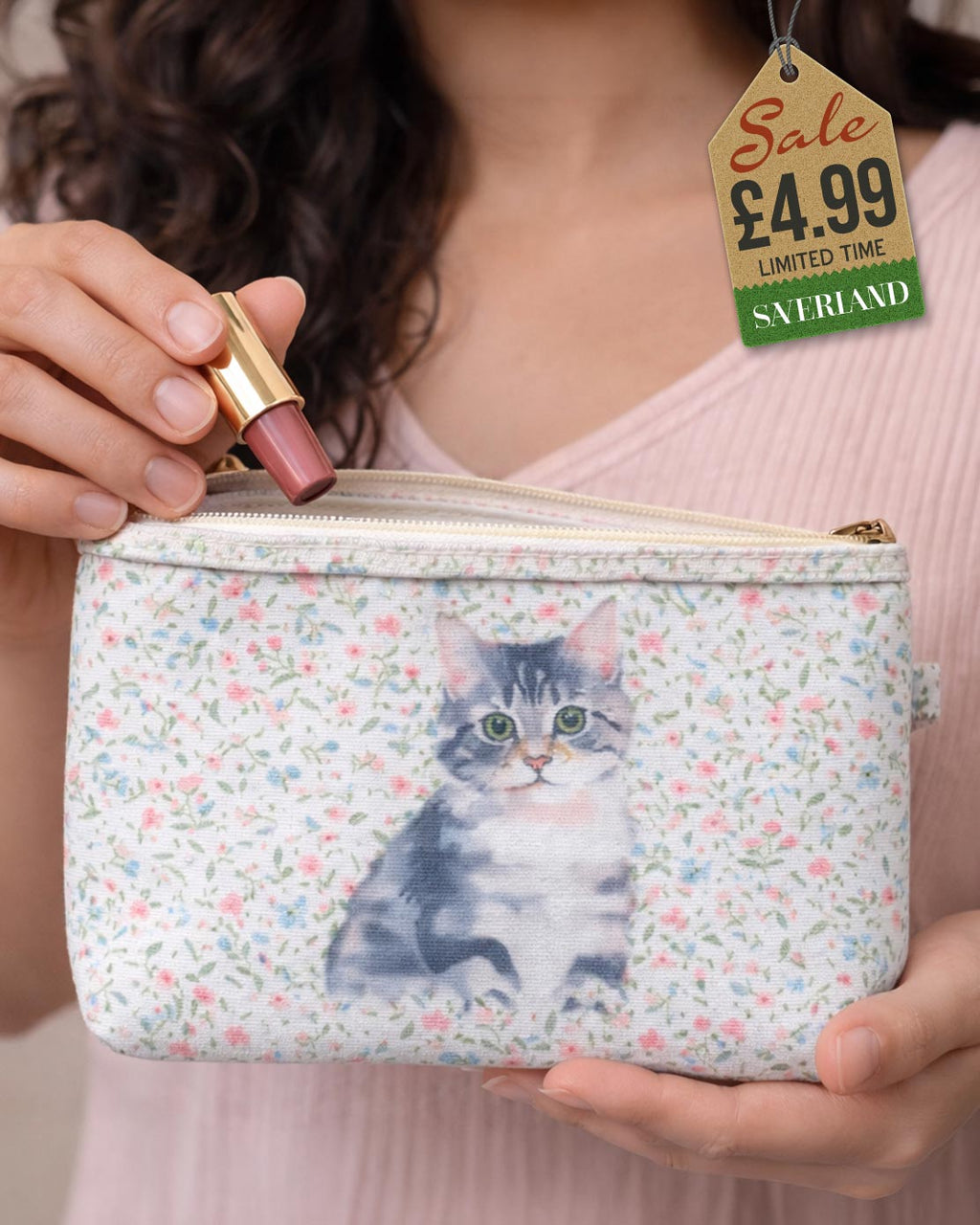 Zip-top makeup pouch with grey tabby kitten portrait on white ditsy floral print