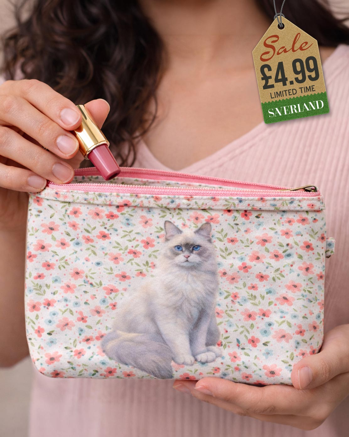 Zip-top makeup pouch with white Ragdoll cat and blue eyes on pink ditsy floral print