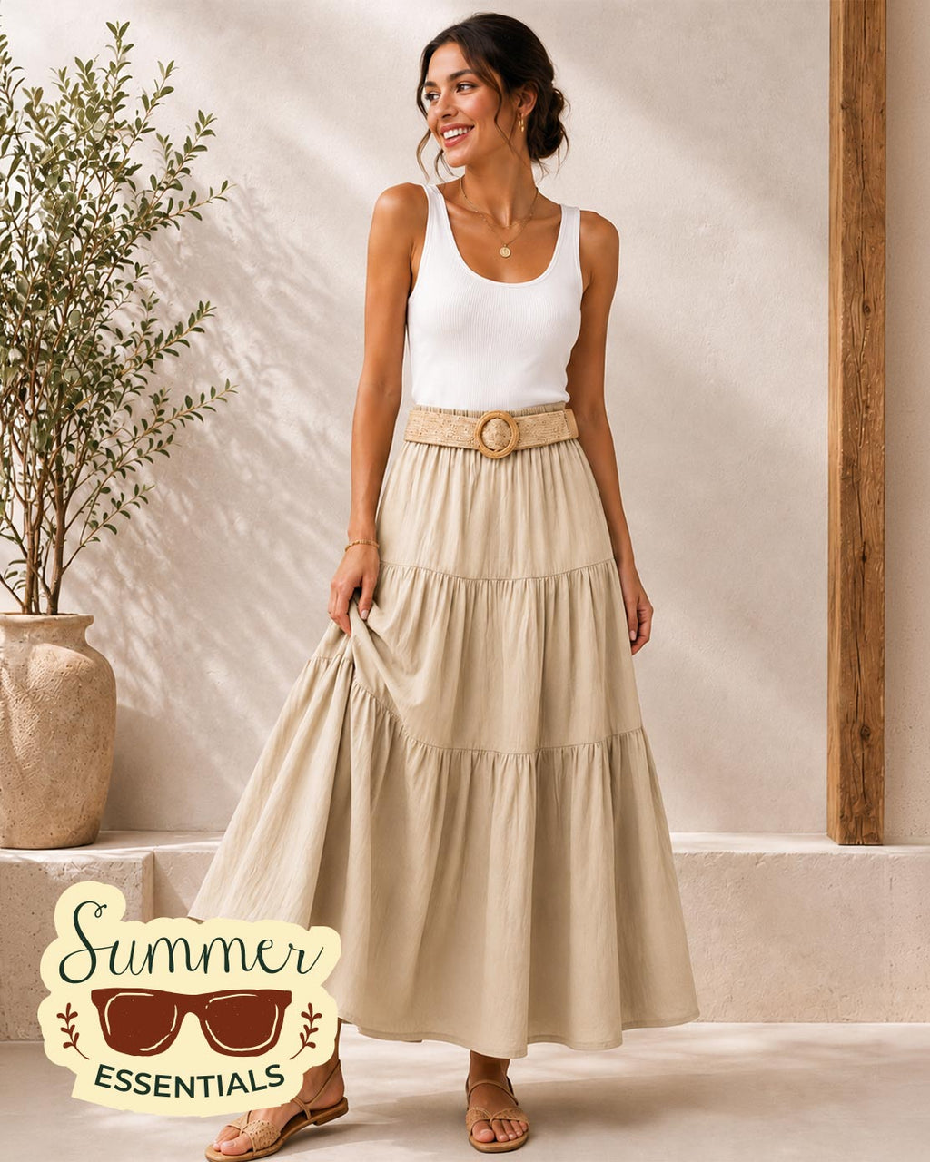 Tiered Maxi Skirt – Beige