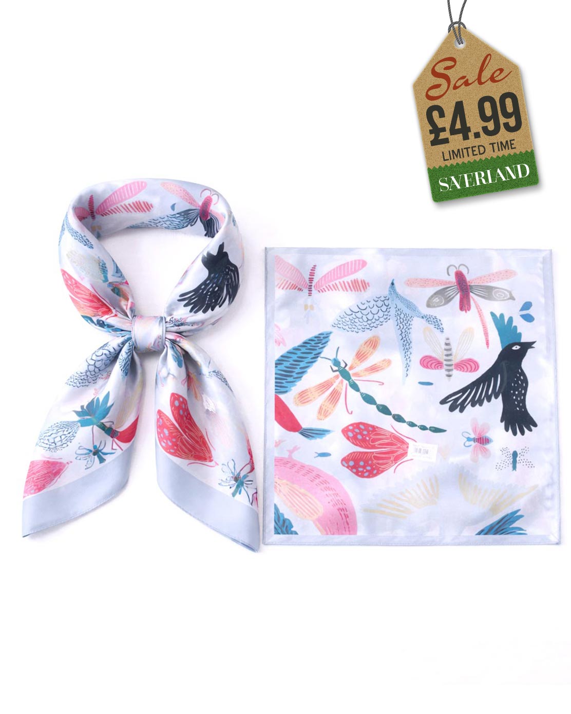 Light grey birds and insects satin scarf worn as a strapless bandeau tube top