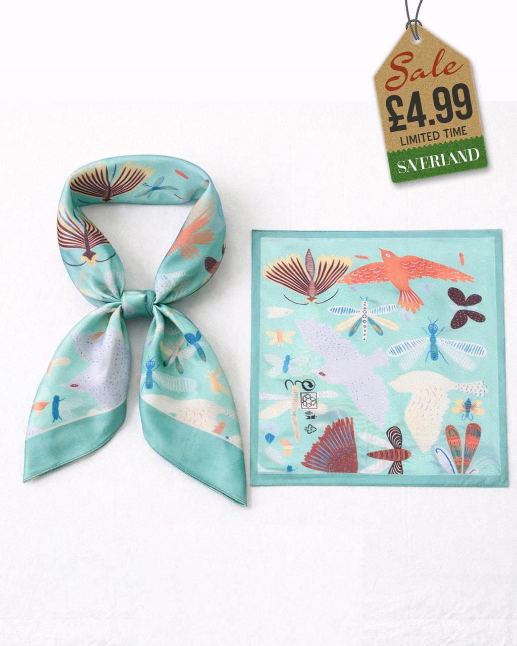 Teal birds and insects satin scarf worn as a strapless bandeau tube top