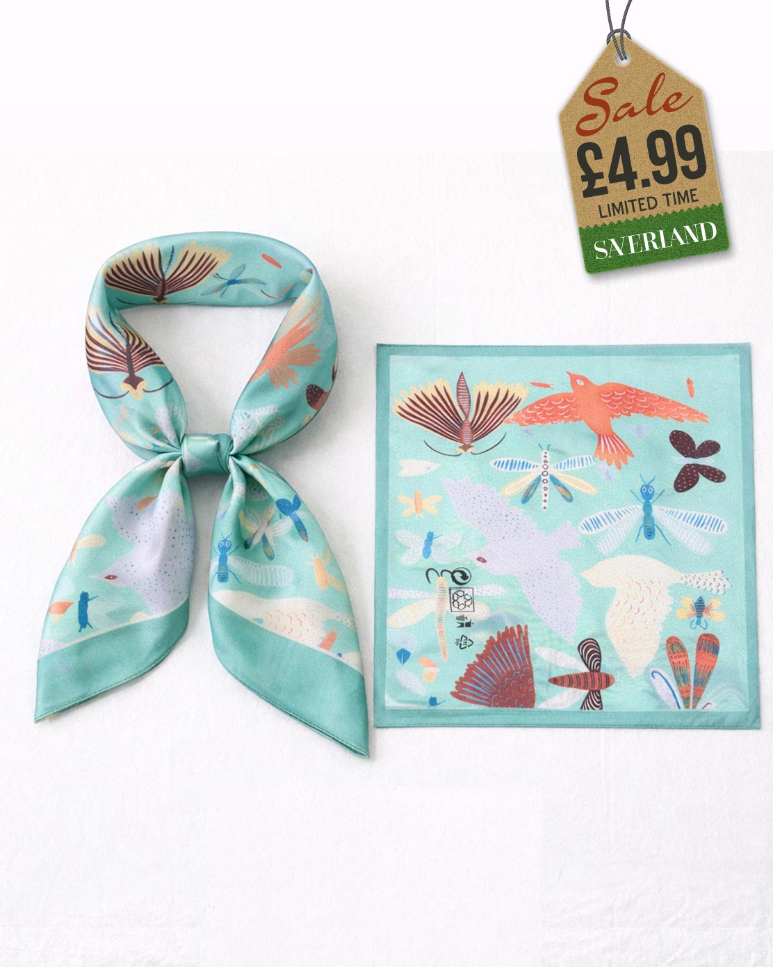 Teal birds and insects satin scarf worn as a strapless bandeau tube top