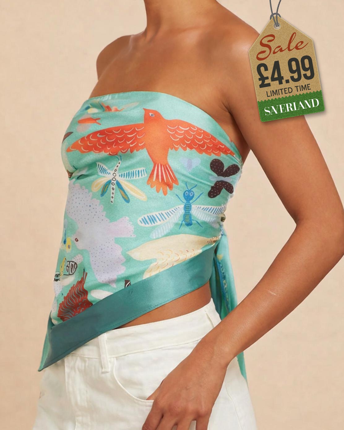 Teal satin square scarf with illustrated birds, dragonflies and insect print shown tied and flat