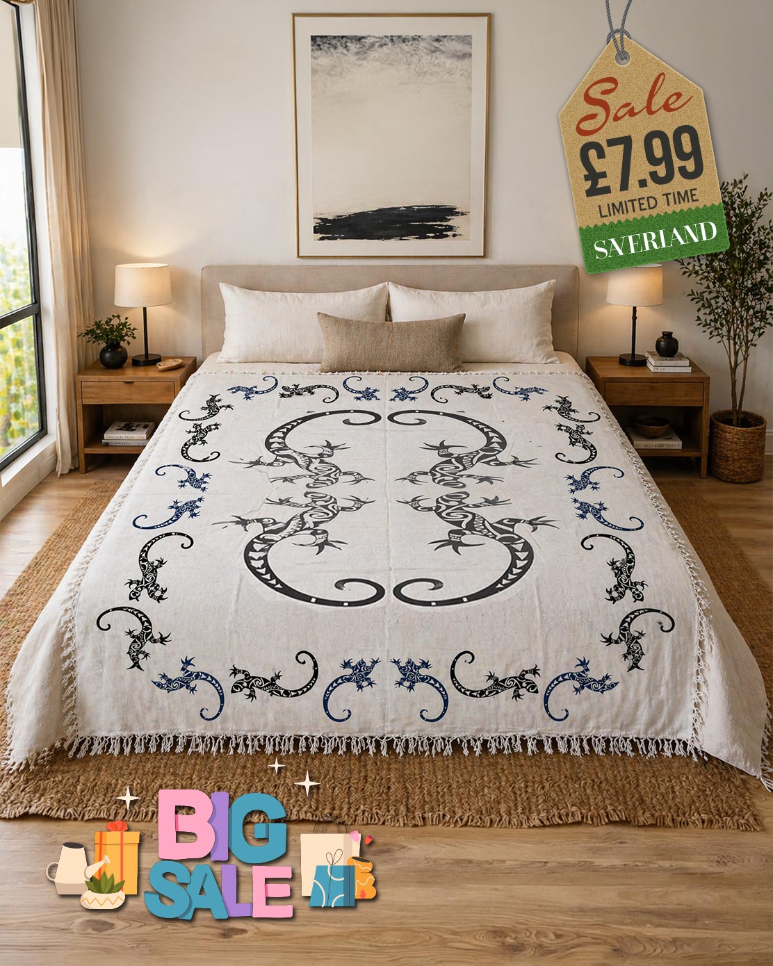 Cream fringed throw blanket with tribal lizard and gecko print in blue and black, draped over a bed