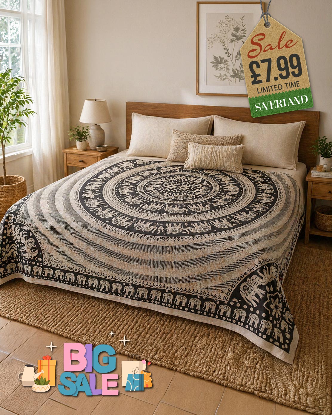 Black and cream elephant mandala tapestry bedspread draped over a double bed in a boho-style bedroom