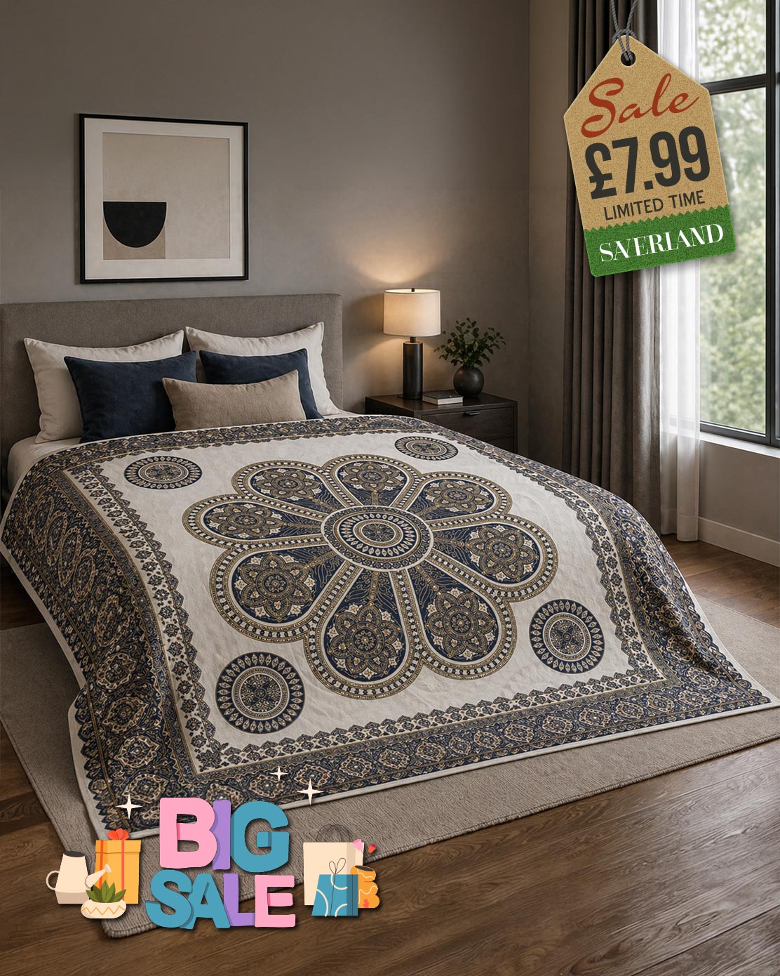 Cream bedspread with large navy blue and gold mandala medallion pattern draped over a bed