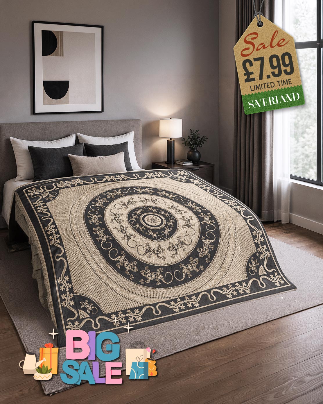 Baroque mandala patterned fleece throw blanket in charcoal and cream draped over a bed