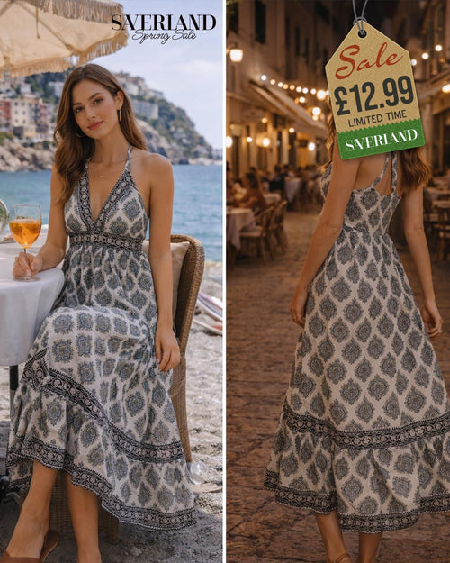 Black and cream block-print backless halter maxi dress