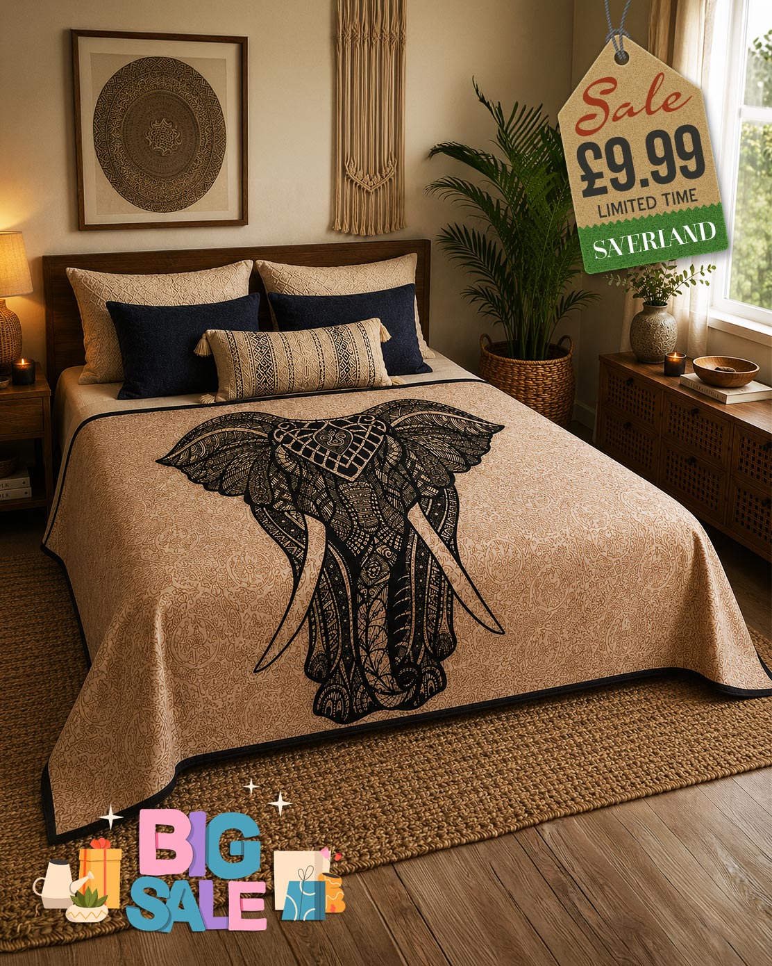 Large beige bed throw with intricate black mandala elephant print and black border, draped over a double bed in a boho-style bedroom