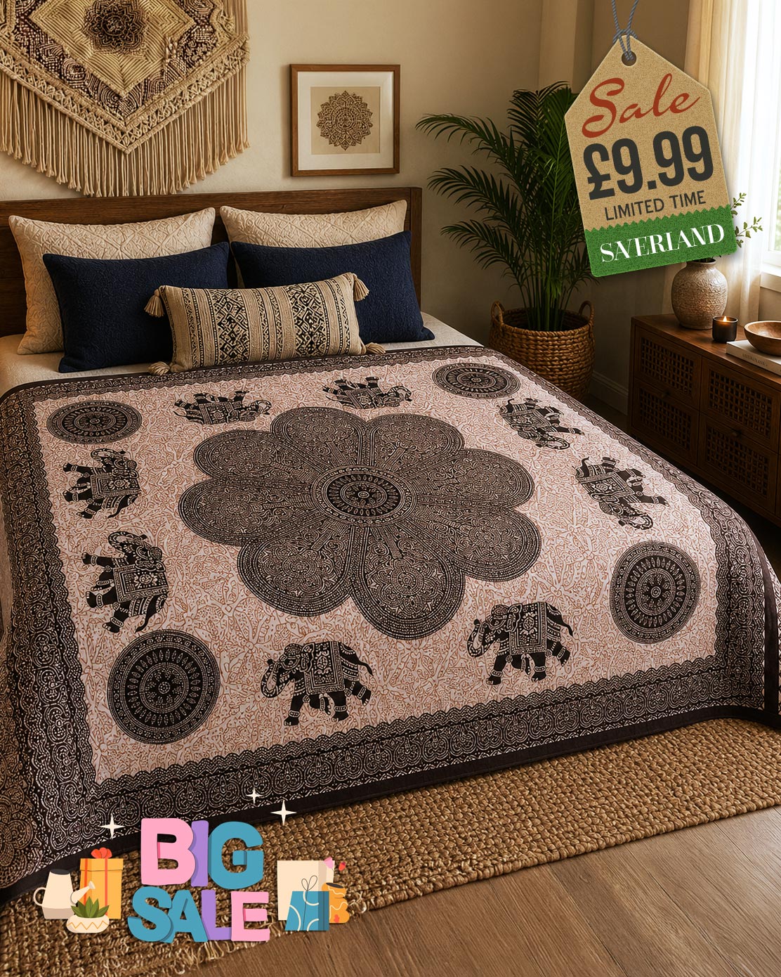 Black and white mandala elephant bed throw draped over a double bed in a boho bedroom setting