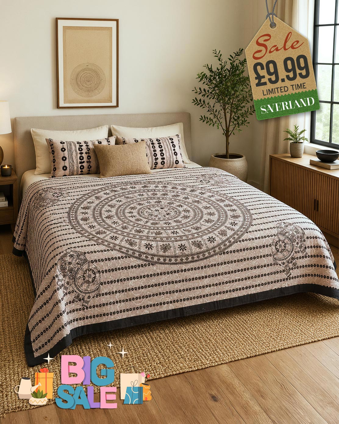 Black & White Mandala Elephant Pattern Throw