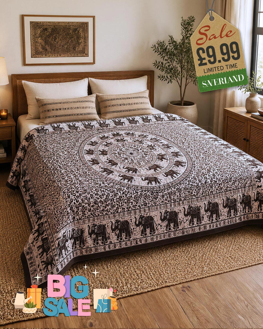 Black & White Mandala Circular Elephant Throw