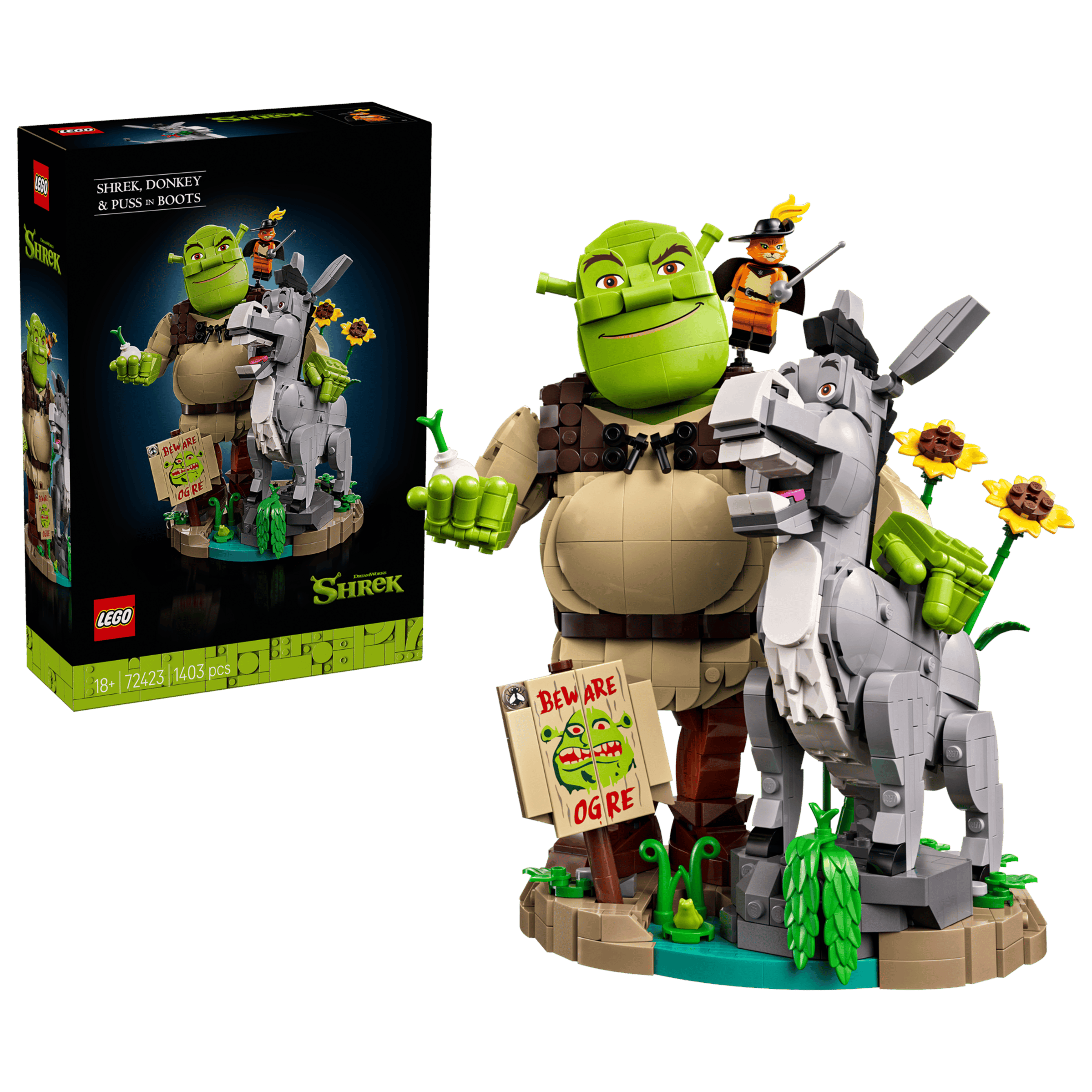 LEGO Shrek Shrek, Donkey & Puss in Boots 72423 box and model