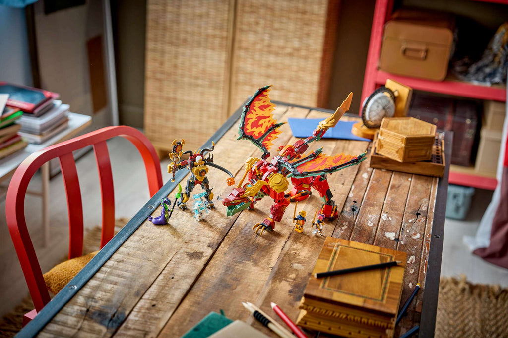 LEGO Ninjago Wyldfyre's Transforming Dragon Mech 71868 on display