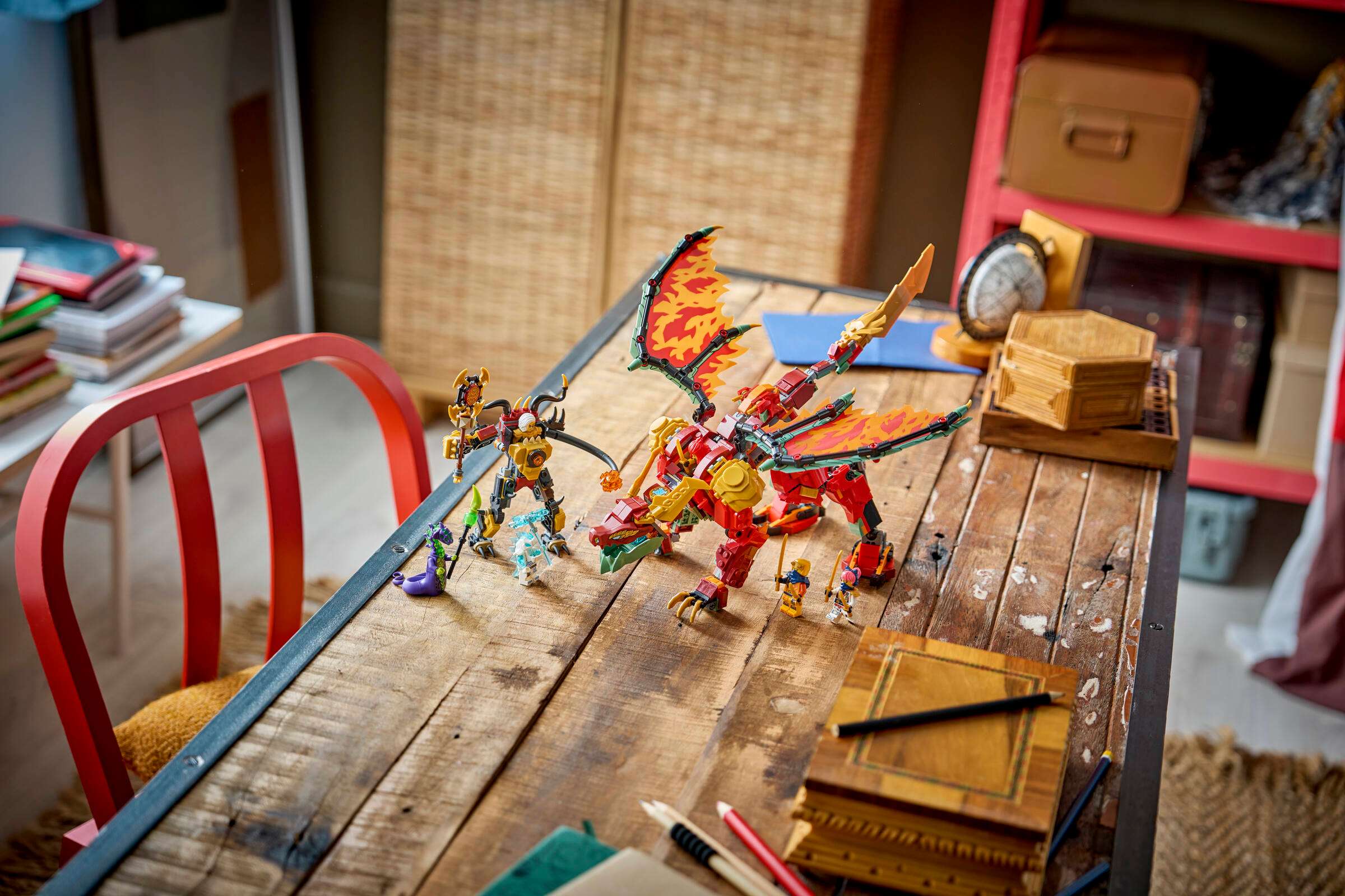 LEGO Ninjago Wyldfyre's Transforming Dragon Mech 71868 on display