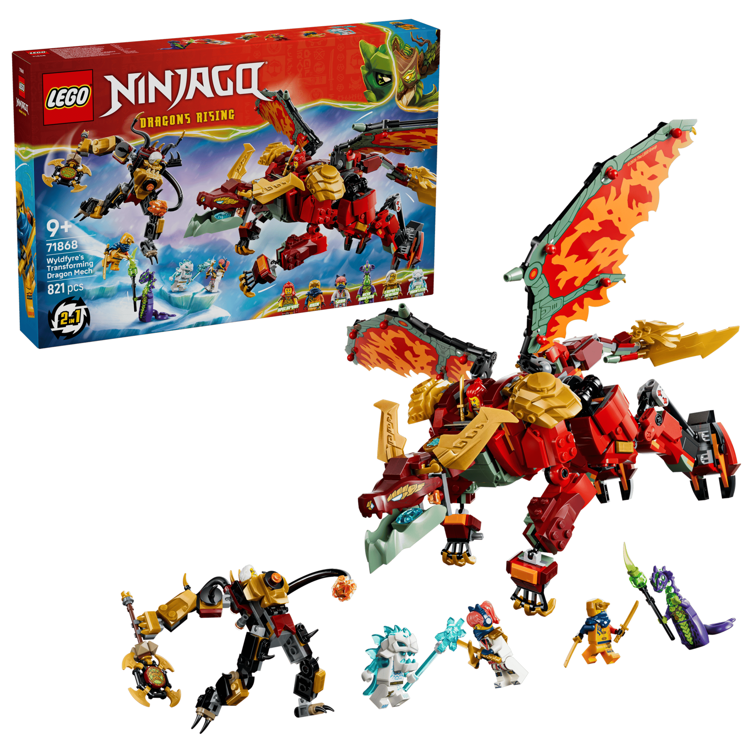 LEGO Ninjago Wyldfyre's Transforming Dragon Mech 71868 box and model