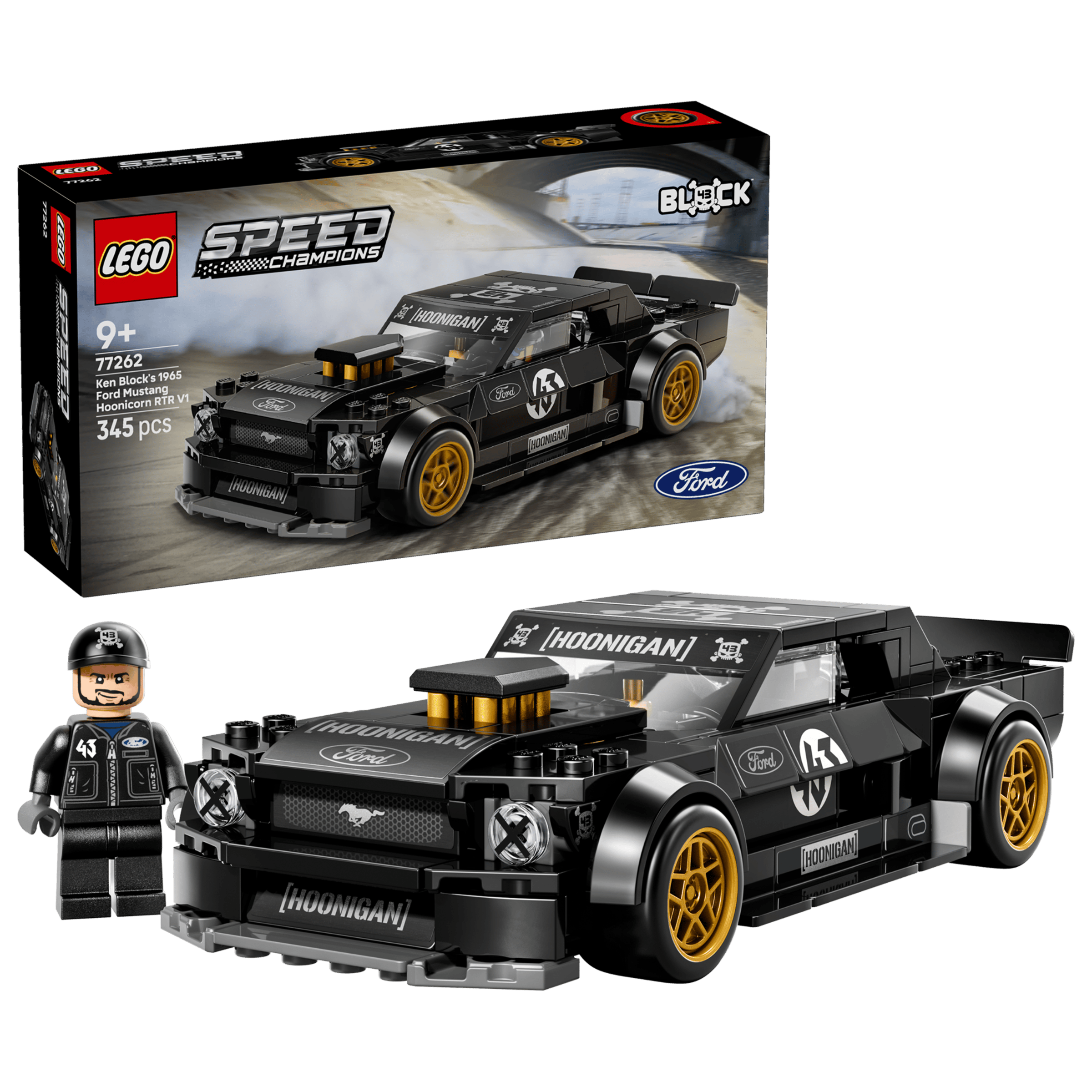 LEGO Speed Champions Ken Block's '65 Ford Mustang Hoonicorn V1 77262 box and model