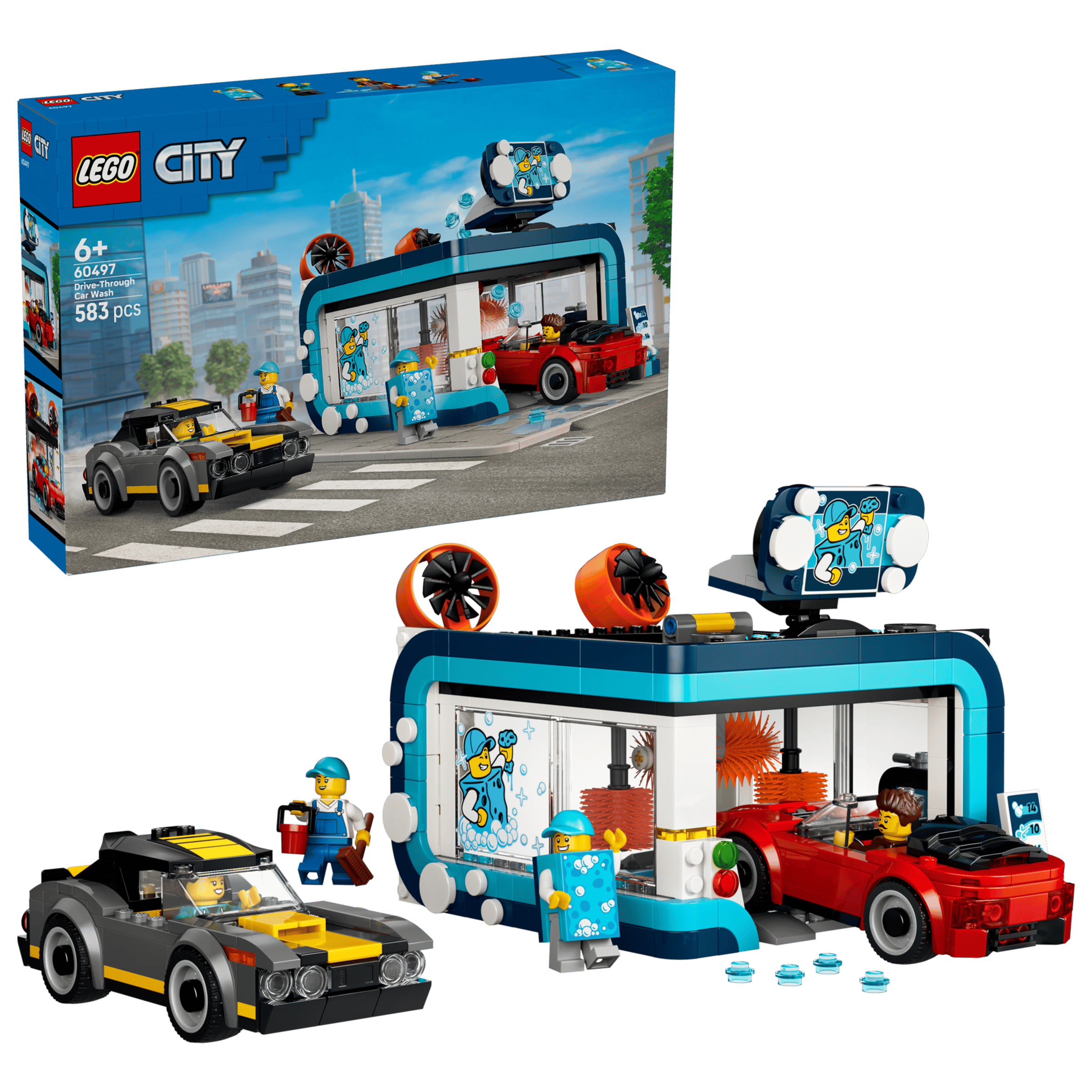 LEGO City Drive-Through Car Wash 60497 box and model