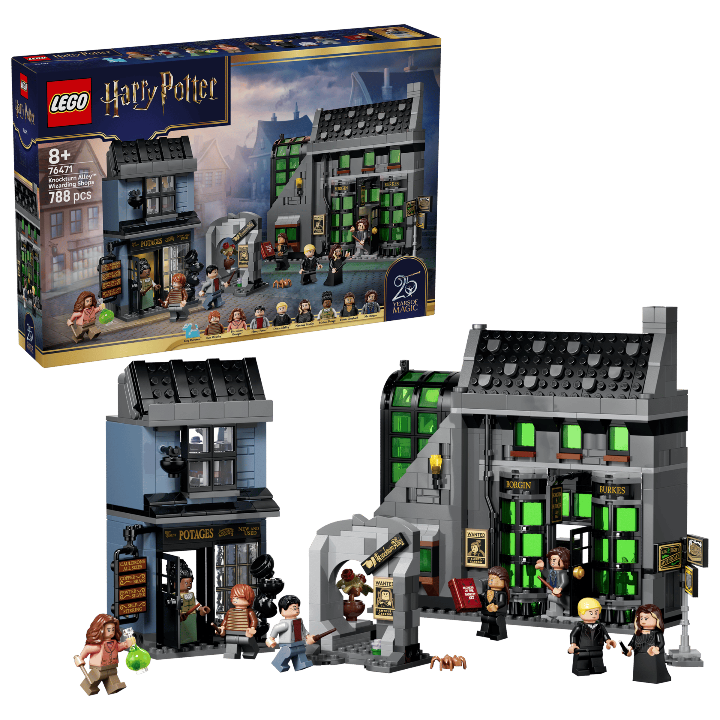 LEGO Harry Potter Knockturn Alley Wizarding Shops 76471 box and model