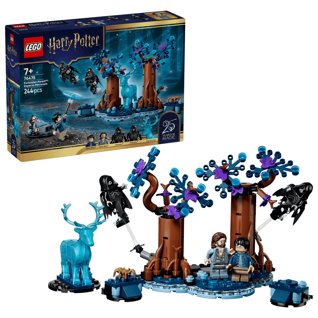 LEGO Harry Potter Forbidden Forest: Expecto Patronum 76475 box and model