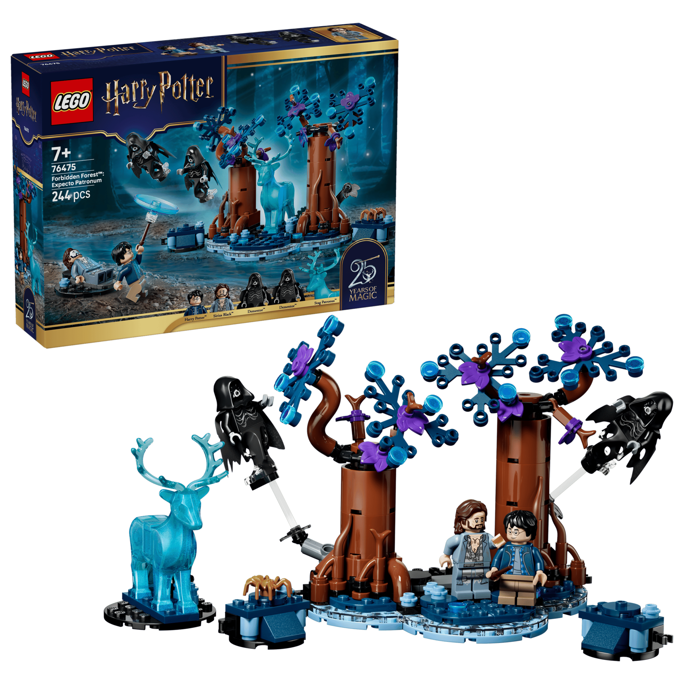 LEGO Harry Potter Forbidden Forest: Expecto Patronum 76475 box and model